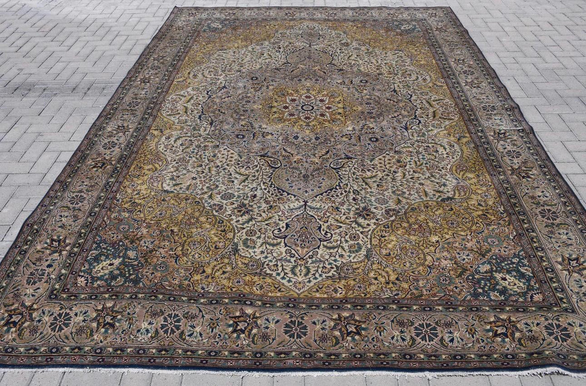 Turkish Vintage Rug 8.4x12 ft, Oushak Brown Check Wool Rug