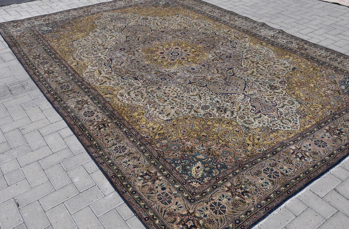 Turkish Vintage Rug 8.4x12 ft, Oushak Brown Check Wool Rug