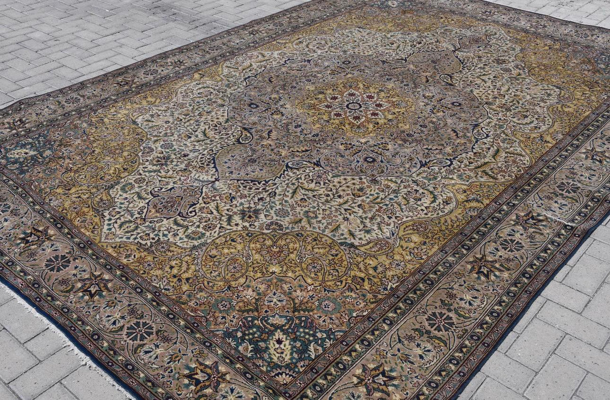 Turkish Vintage Rug 8.4x12 ft, Oushak Brown Check Wool Rug