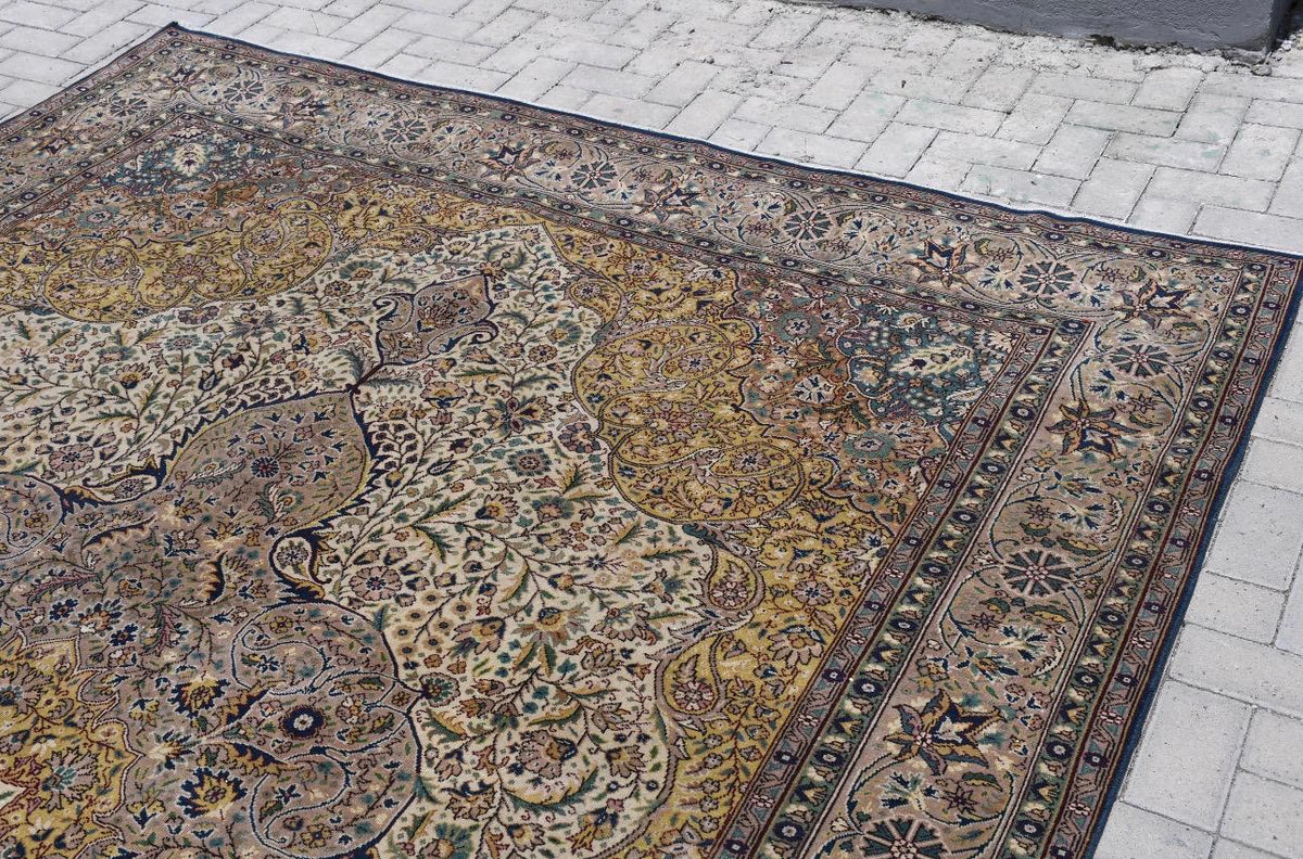 Turkish Vintage Rug 8.4x12 ft, Oushak Brown Check Wool Rug