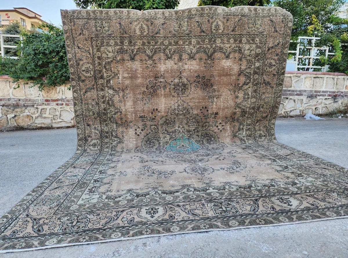 9x12 ft Vintage Area Rug, Brown Turkish Hand Knotted Wool, Persian Medallion Dining Room Rug