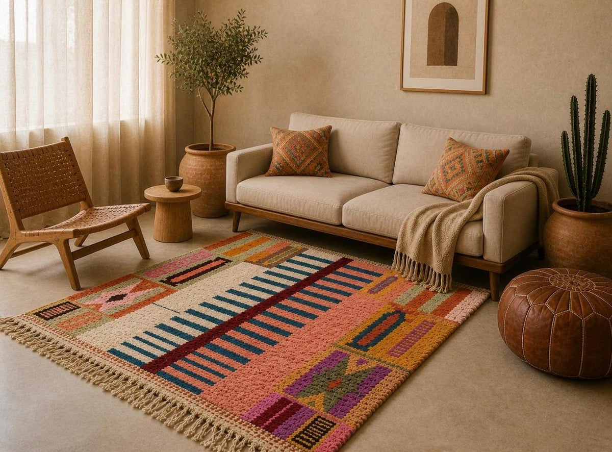 Handmade Wool Azilal Rug – Colorful Boho Tribal Living Room Carpet