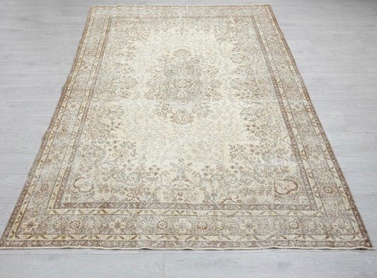 7x10 Neutral Beige Vintage Turkish Oushak Rug, Handwoven Wool Area Carpet, Oriental Floor Rug, One of a Kind Home Decor