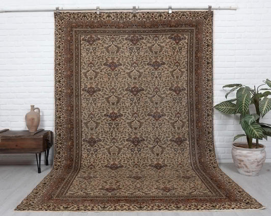 7x10 Vintage Turkish Oushak Rug - Handmade Wool Area Carpet, Beige Brown Anatolian Home Decor, 1970s - 6'6x9'6 feet.