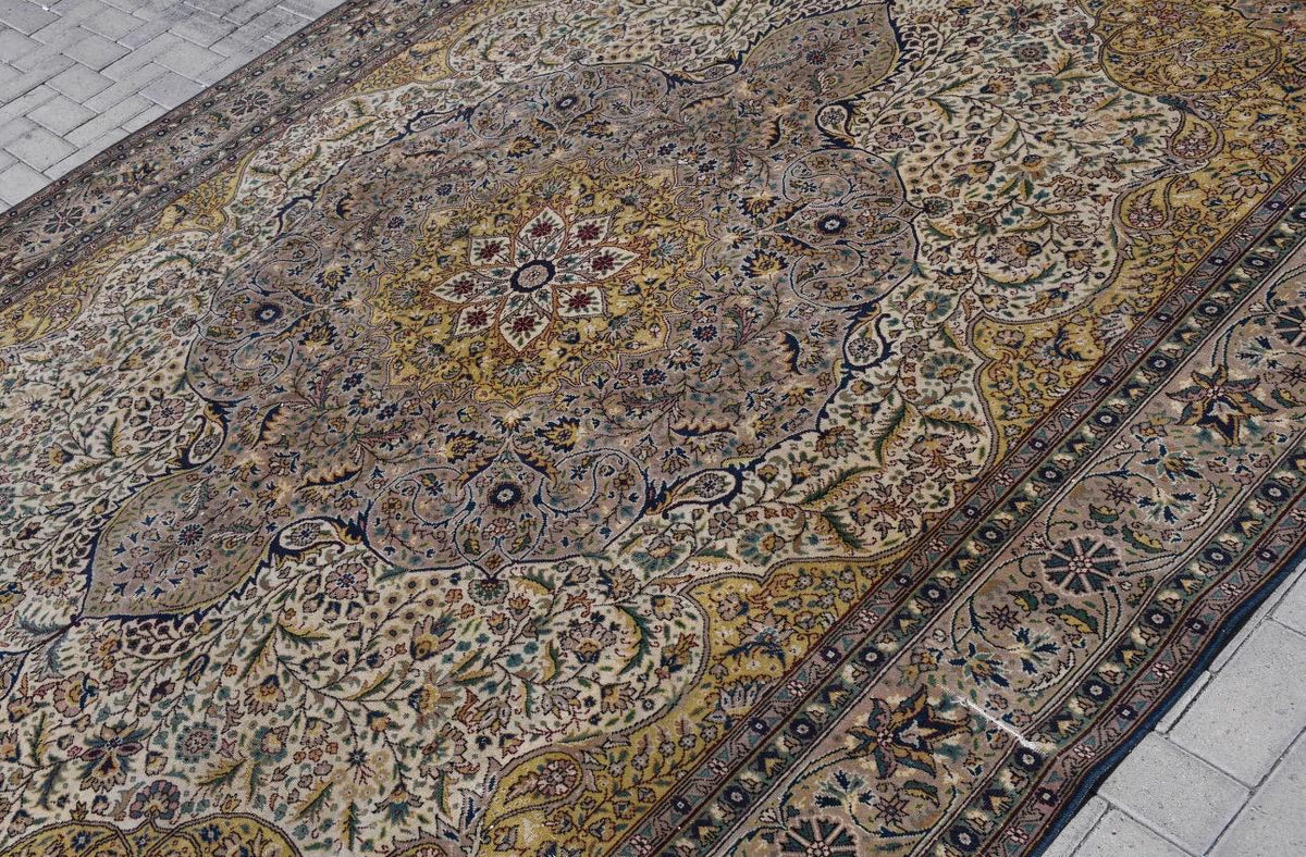 Turkish Vintage Rug 8.4x12 ft, Oushak Brown Check Wool Rug