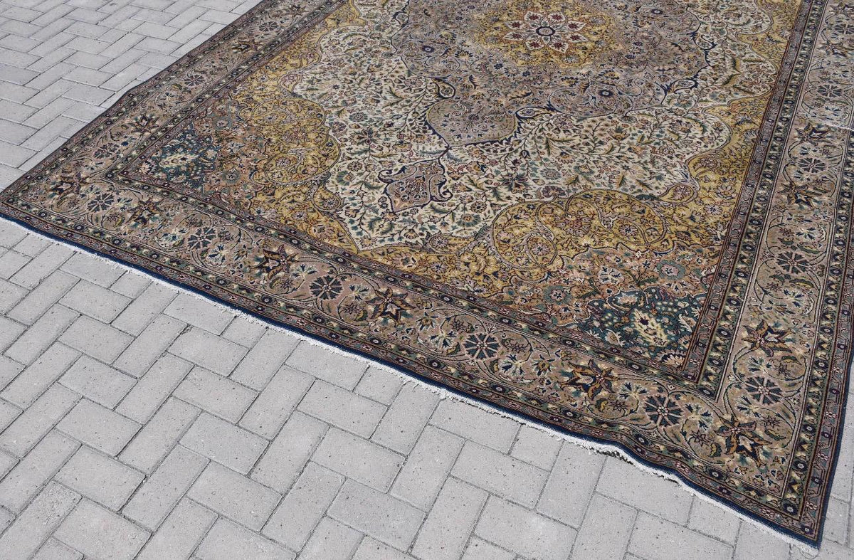 Turkish Vintage Rug 8.4x12 ft, Oushak Brown Check Wool Rug