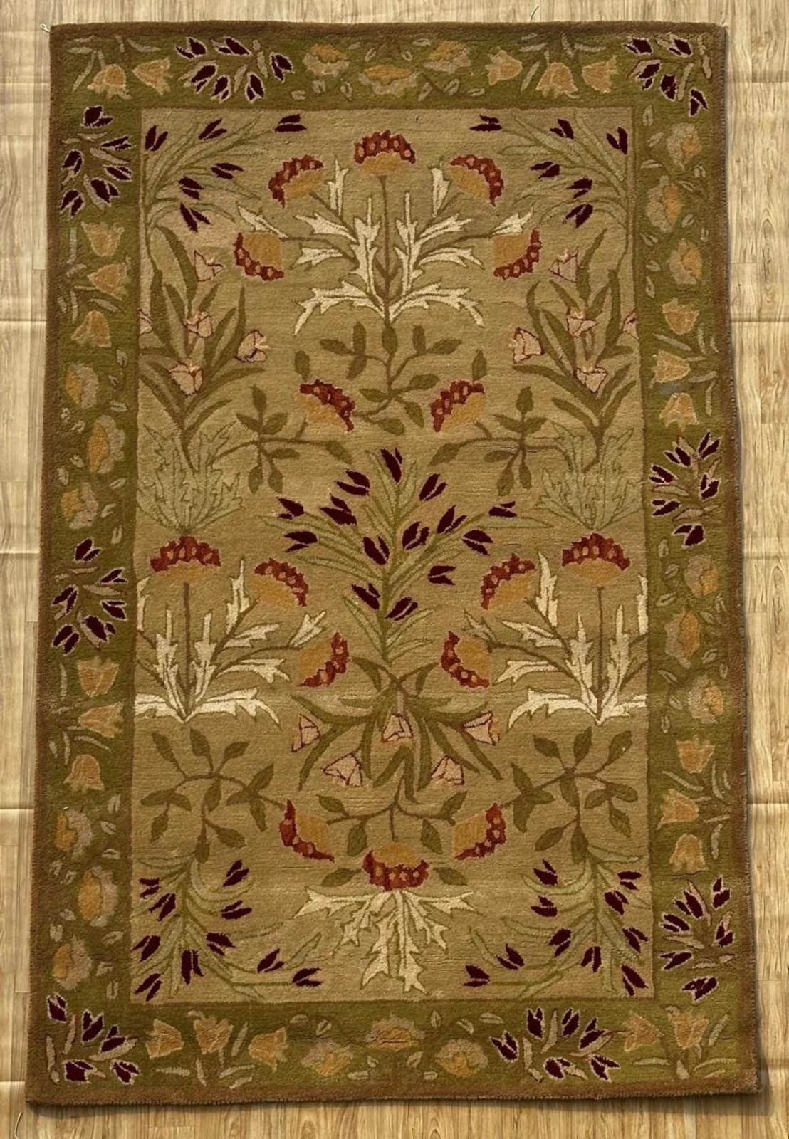 Handmade Wool Area Rug – Beige Floral Carpet, Nature Inspired