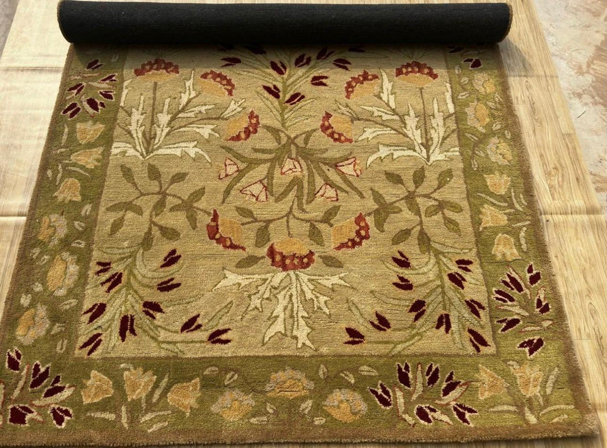 Handmade Wool Area Rug – Beige Floral Carpet, Nature Inspired