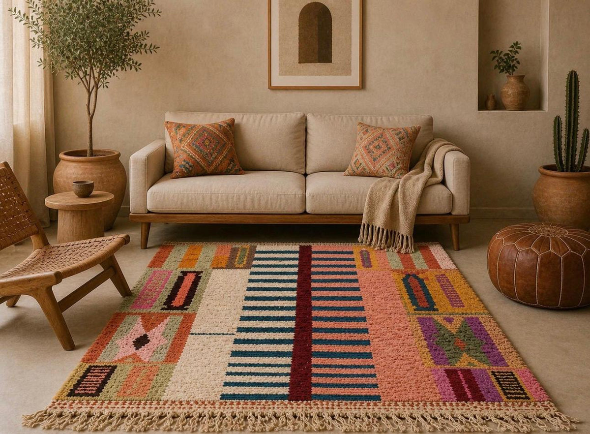 Handmade Wool Azilal Rug – Colorful Boho Tribal Living Room Carpet