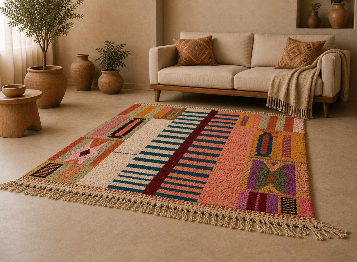 Handmade Wool Azilal Rug – Colorful Boho Tribal Living Room Carpet
